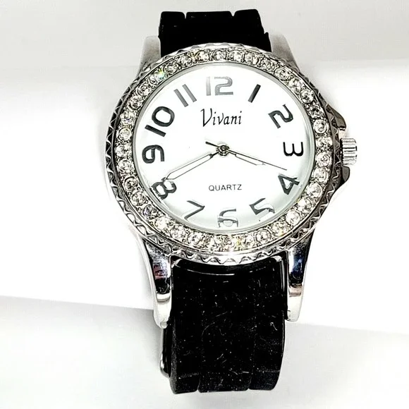 Vivani Womens Watch Rhinestone Crystal Face Rubber Band New Battery Works Great! - Picture 2 of 12